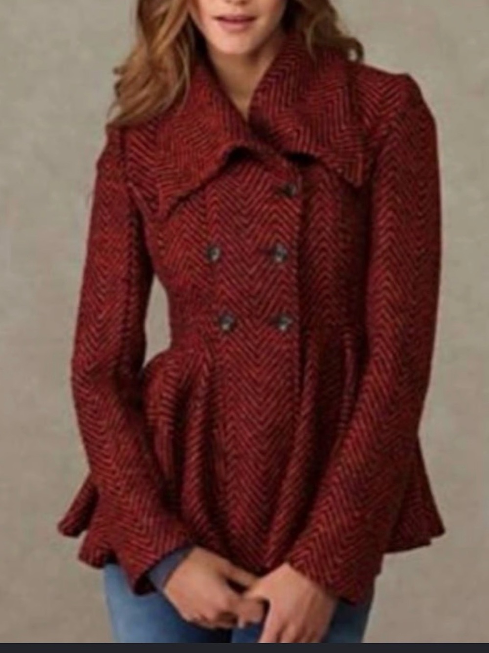 Free People Red Herringbone Peplum Double-Breasted Jacket